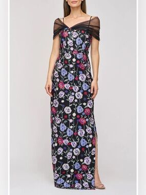 JS Collections Stormi Floral Embroidery Mesh Gown NWT Size 4 Black Multi